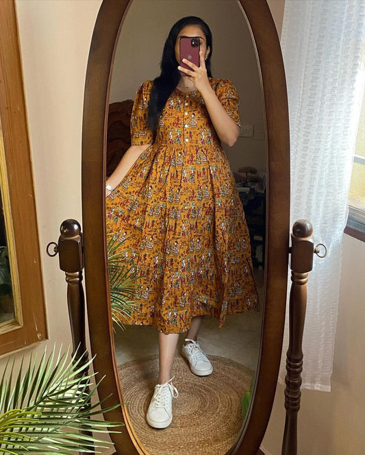 Women cotton traditional printed yellow middy gown